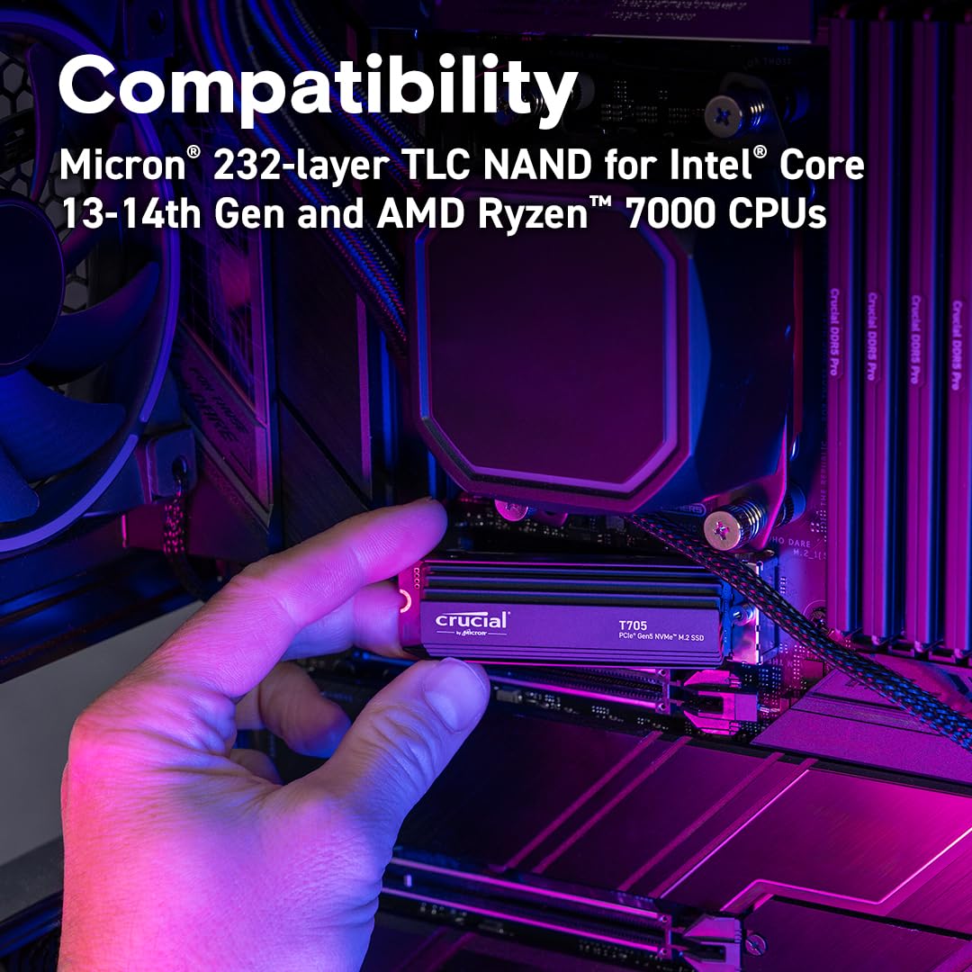 Crucial T705 2TB PCIe Gen5 NVMe M.2 2280 Internal Solid State Drive with Heatsink