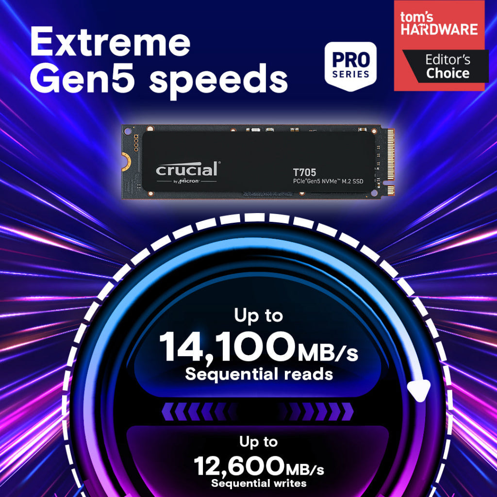 Crucial T705 1TB PCIe Gen5 NVMe M.2 2280 Internal Solid State Drive