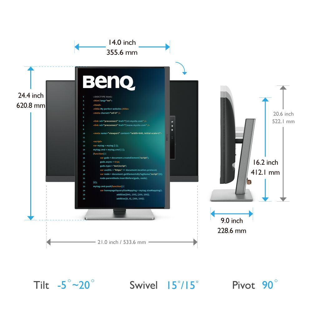 BenQ RD240Q 24.1” 60Hz 2560x1600 WQXGA USB-C Ergonomic Programming Monitor with Built-in Speaker