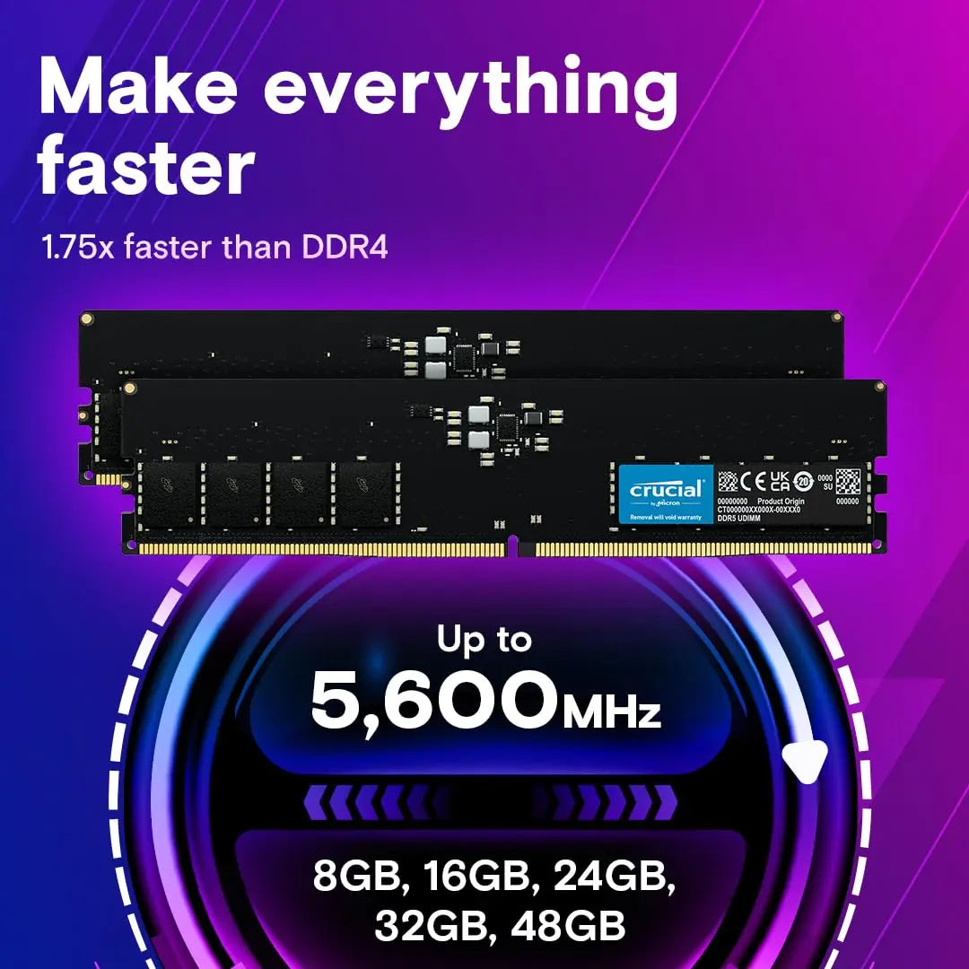 Crucial 16GB DDR5 RAM 5600MHz CL46 UDIMM Desktop Memory - Black