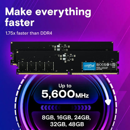 Crucial 16GB DDR5 RAM 5600MHz CL46 UDIMM Desktop Memory - Black