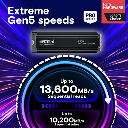 Crucial T705 2TB PCIe Gen5 NVMe M.2 2280 Internal Solid State Drive with Heatsink