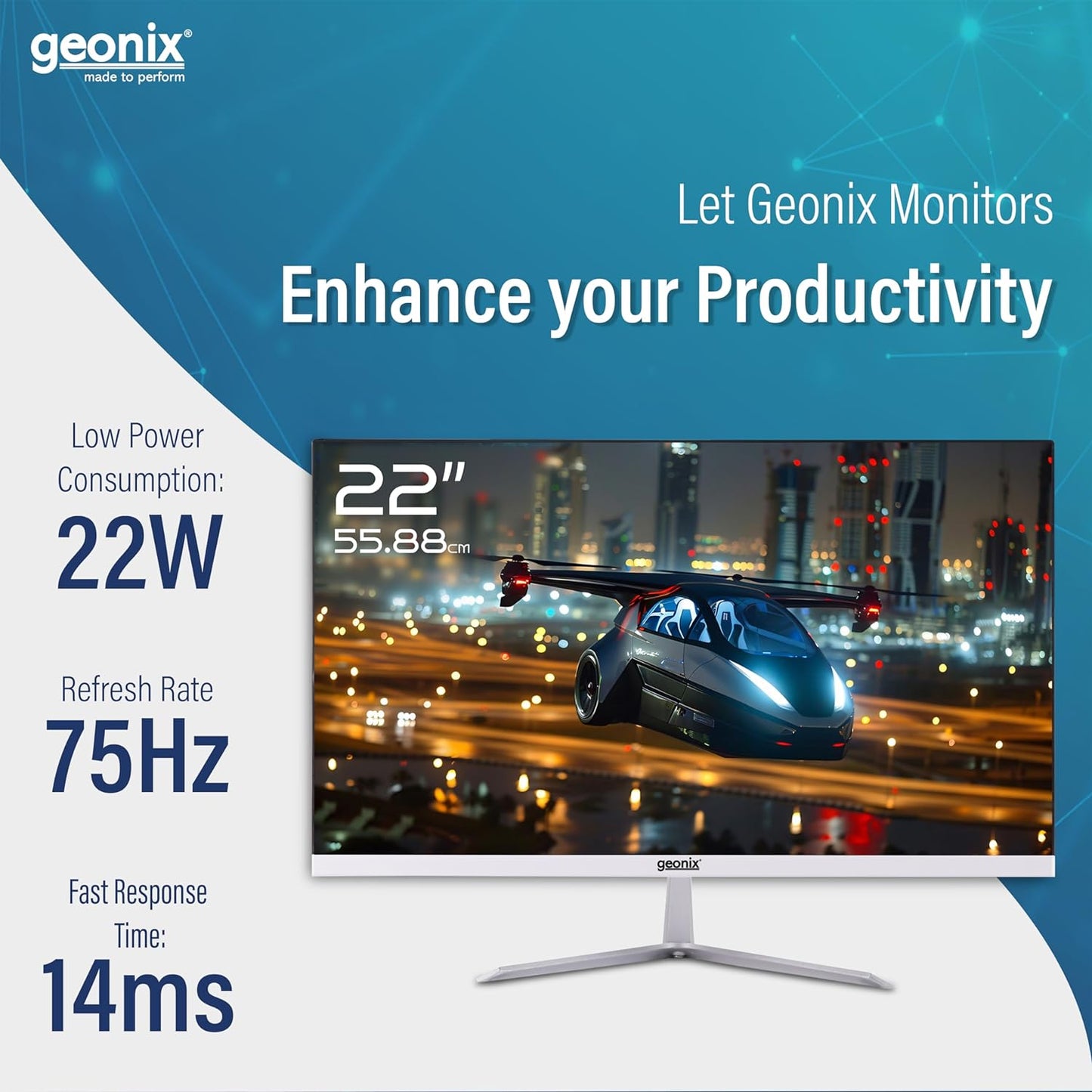 GEONIX 22 Inch 1920 x 1080 Full HD VA Panel Borderless 75Hz 3ms HDMI VGA Monitor (White)