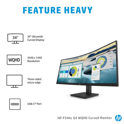 HP P34hc G4 34-inch WQHD Curved VA Monitor with USB Type-C and 4 USB-A 3.2 Gen 1